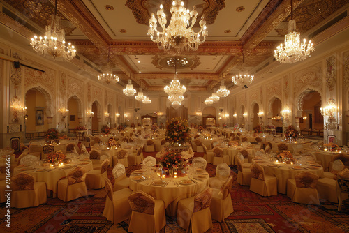 An opulent banquet hall within a palace, its tables set for a royal feast, chandeliers casting a soft glow over the lavish spread photo