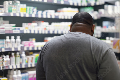 Obese Individual Selecting Medication at a Pharmacy photo