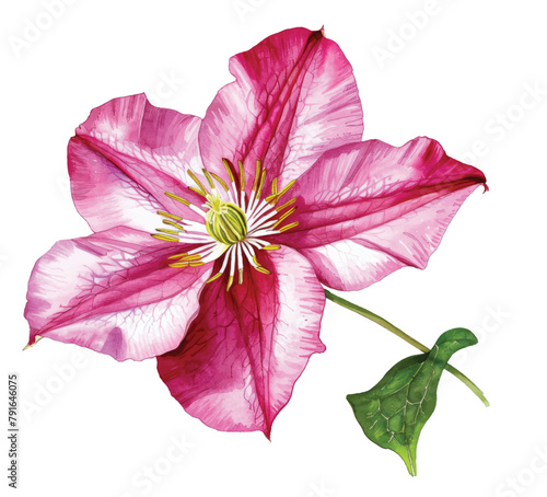 Beautiful pink clematis flowers on an isolated white background. Watercolor illustrations. Botanical drawing