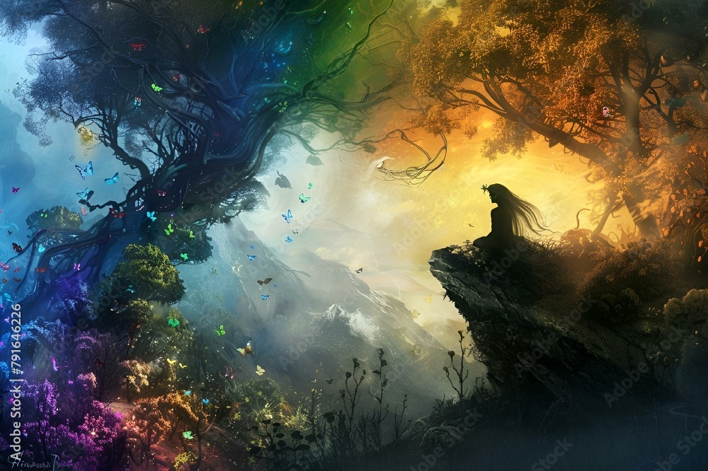 AI illustration of a woman on cliff gazes at vibrant rainbow