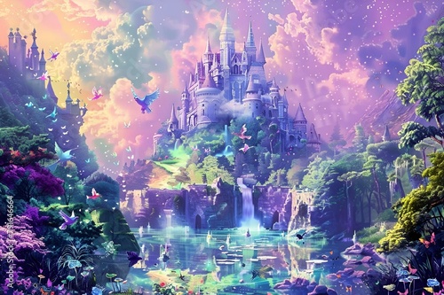 AI illustration of a colorful forest with butterflies fluttering over a distant castle