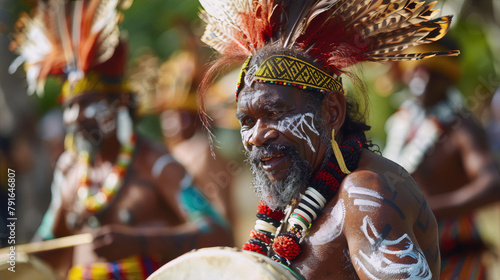 Papua New Guinean tribesman in traditional headdress and face paint performing a ceremonial dance during a cultural festival photo