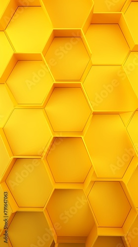 Yellow background with hexagon pattern, 3D rendering illustration. Abstract yellow wallpaper design for banner, poster or cover with copy space 