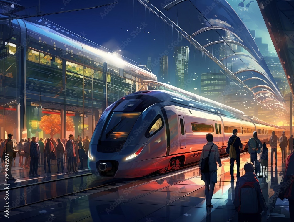A hyper-realistic painting of a high-speed train arriving at a station.
