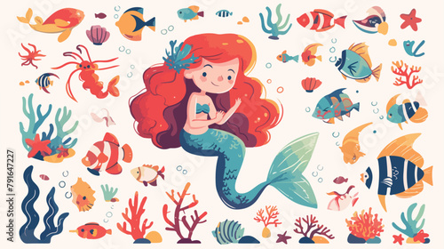 Marine life illustrations set. Little cute cartoon