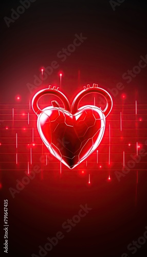 A glowing red heart made of metal with a circuit board inside on a red background.