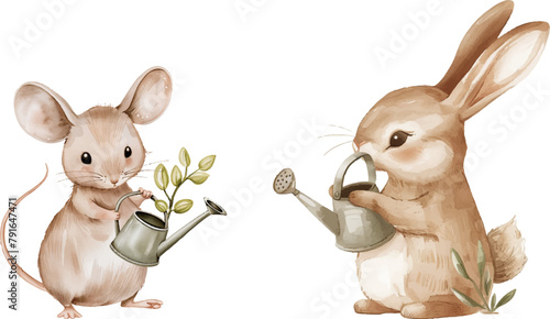 Bunny and mouse with watering cans. Watercolor vector illustration