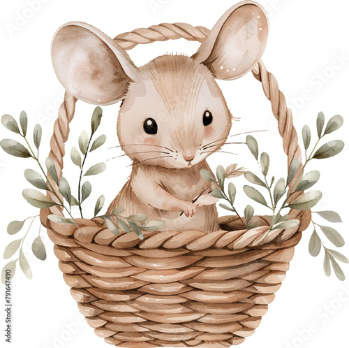 Little mouse in a basket with florals. Watercolor vector illustration
