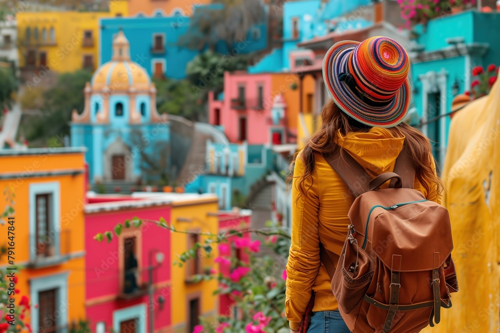 Woman With Backpack Looking at Colorful Buildings