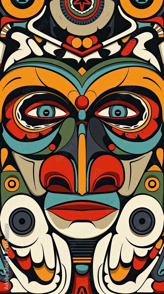 This is an intricately designed image displaying a colorful and symmetrical tribal mask with various patterns This is an intricately designed image displaying a colorful and symmetrical tribal mask with various patterns