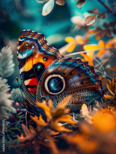 An orange blue Morpho butterfly on a flower in a garden with a blurred background in macro photography