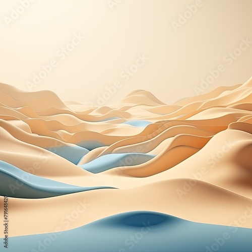 3d render, cartoon illustration of beige hills with water in the background, simple minimalistic style, low detail copy space for photo text or product