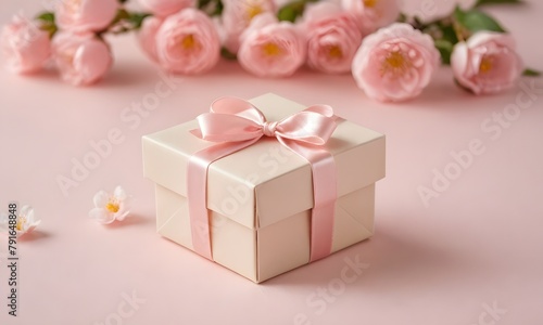 Small elegant present gift box with tiny pale pink satin ribbon decorated with blooming sakura flowers © junet