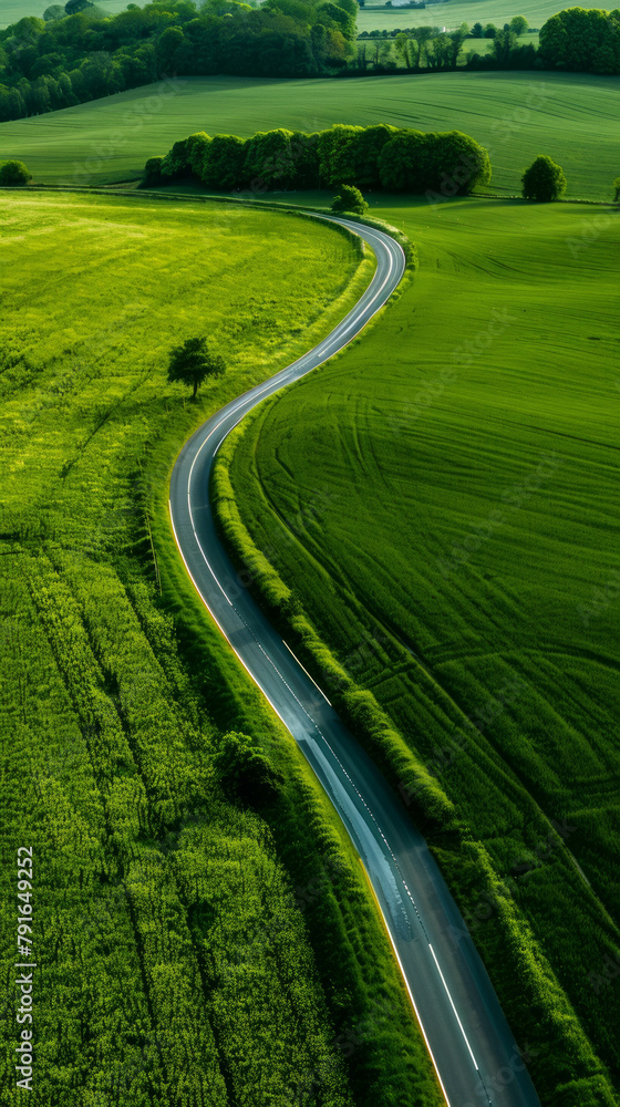 Transform your transportation projects with this dynamic depiction of intersecting roads in a green field, representing the infrastructure of rural areas. Discover AI generative