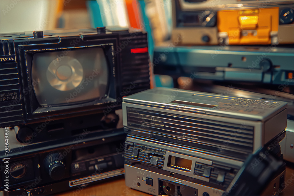 Obraz premium Retro vibe of analog video and audio gadgets from the 80s