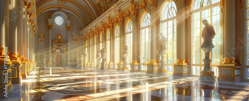 A grand ballroom with marble floors, golden statues and sunlight streaming through tall windows photo
