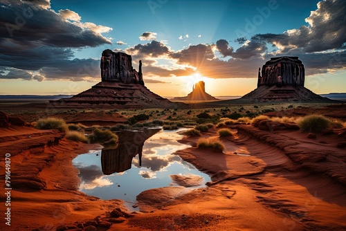 Iconic Monument Valley, USA, Navajo territory, Martian-like vistas. Red sandstone buttes, vast desert expanse. Land of Navajo tribe, renowned geological formations, Generation AI.