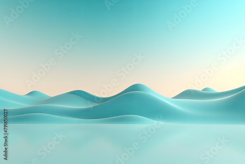 3d render, cartoon illustration of cyan hills with water in the background, simple minimalistic style, low detail copy space for photo text or product