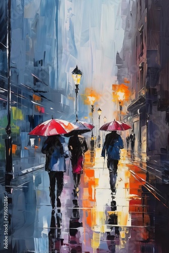 oil painting of people walking in the rain with red umbrellas
