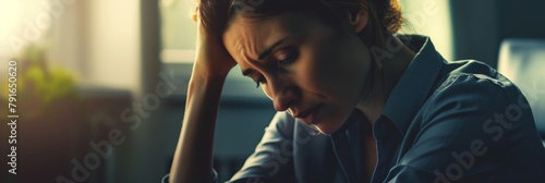 A businesswoman appears overwhelmed with work, symbolizing stress, burnout, and the challenges of professional life photo