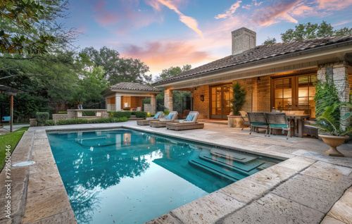 A large, simple pool in the backyard of an upperclass home with a concrete patio and trees and a blue sk photo