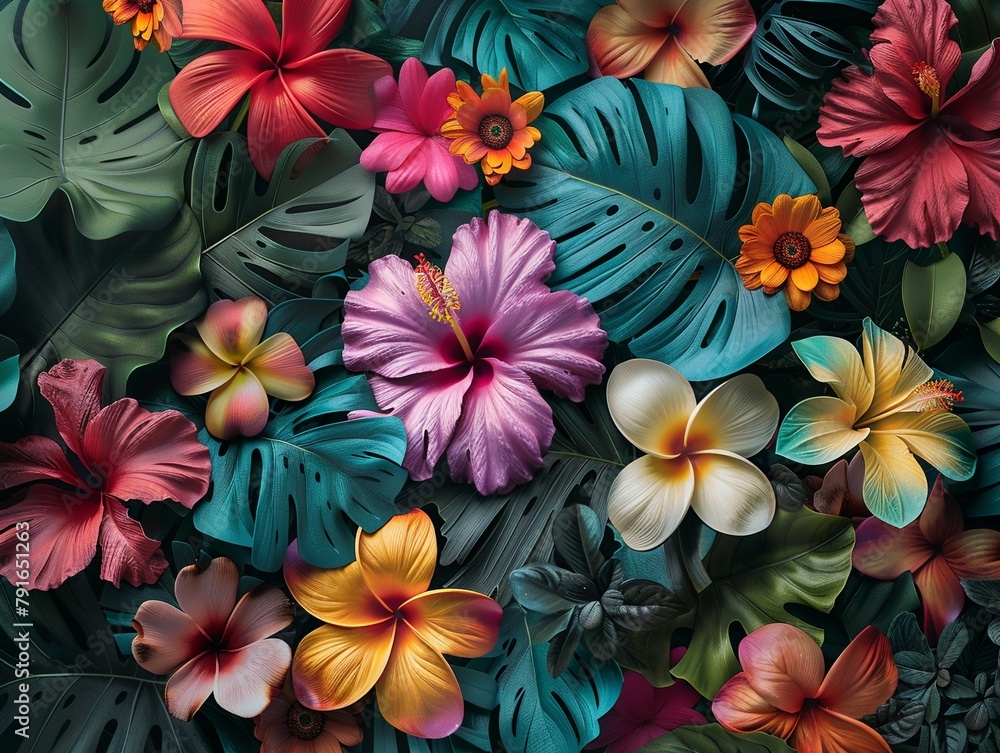 Vivid 3D floral wallpaper, artistically rendered with an explosion of colorful blooms and greenery