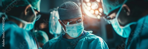 A team of focused surgical professionals is seen in an operating room, amidst advanced medical equipment