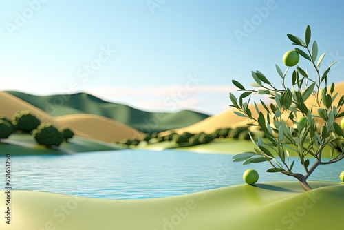 3d render, cartoon illustration of indigo hills with water in the background, simple minimalistic style, low detail copy space for photo text or product