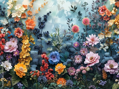 Vivid 3D floral wallpaper  artistically rendered with an explosion of colorful blooms and greenery  offering a fresh and immersive visual experience