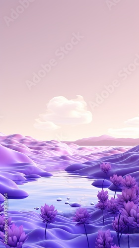 3d render, cartoon illustration of lavender hills with water in the background, simple minimalistic style, low detail copy space for photo text or product