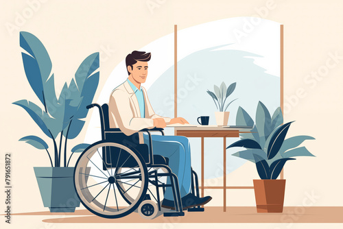 Business graphic vector modern style illustration of a business person in a workplace environment showing accessibility wheelchair access for the less abled man and woman in an office environment