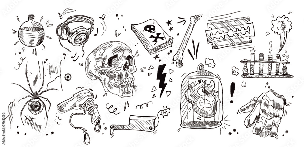 Hand drawn set of gloomy objects. Atmosphere of maniacs, murders, gloominess, death. Background of skull, test tubes, cold weapons, spider. Sketch by hand.
