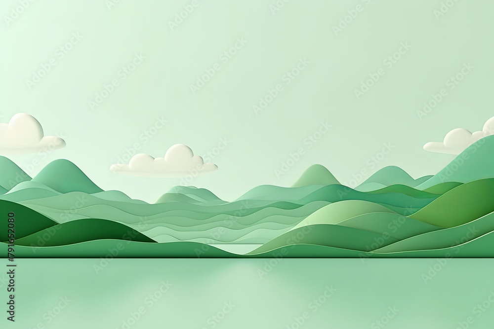 3d render, cartoon illustration of mint green hills with water in the background, simple minimalistic style, low detail copy space for photo text or product