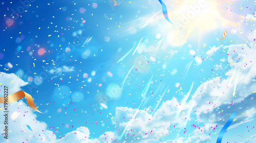 Festive Background Banner with Beautiful Blue Sky and Flying Ribbons