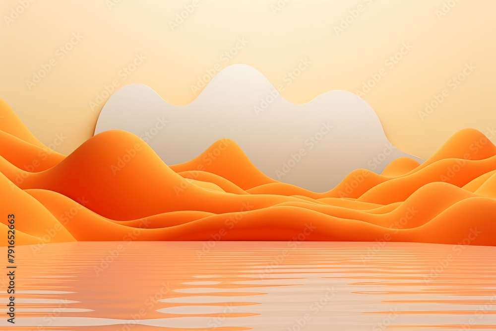 3d render, cartoon illustration of orange hills with water in the background, simple minimalistic style, low detail copy space for photo text or product