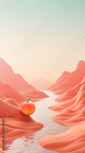 3d render  cartoon illustration of peach hills with water in the background  simple minimalistic style  low detail copy space for photo text or producT