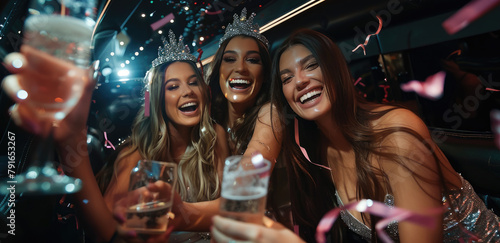 A group of women in colorful dresses having fun and drinking champagne inside the luxurious interior space of an elegant limousine photo
