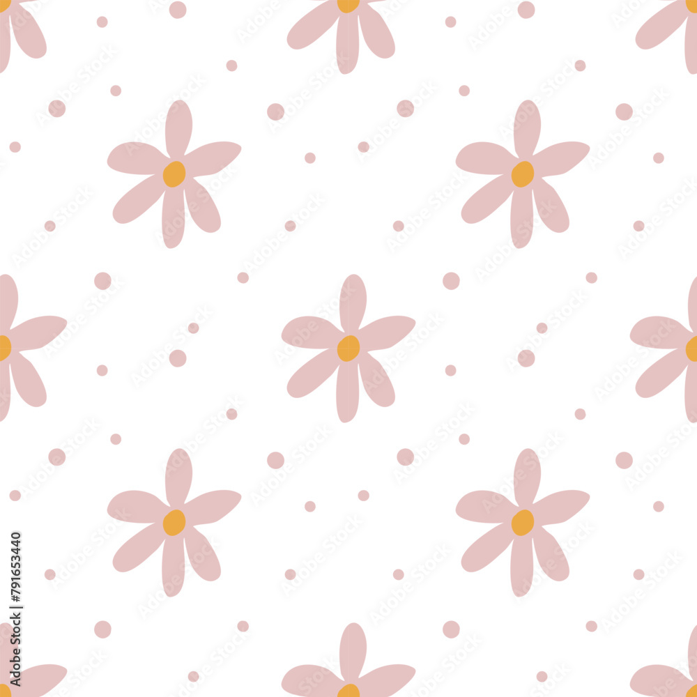 seamless pattern with pink flower and polka dot on white background seamless pattern with pink flower and polka dot on white background
