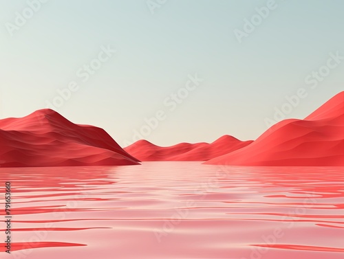 3d render  cartoon illustration of red hills with water in the background  simple minimalistic style  low detail copy space for photo text or product  blank 
