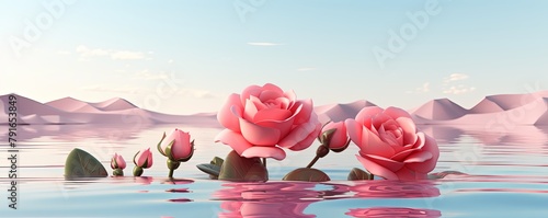 3d render, cartoon illustration of rose hills with water in the background, simple minimalistic style, low detail copy space for photo text or product, blank 