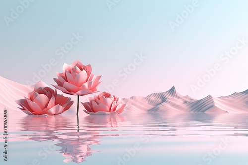 3d render, cartoon illustration of rose hills with water in the background, simple minimalistic style, low detail copy space for photo text or product, blank 