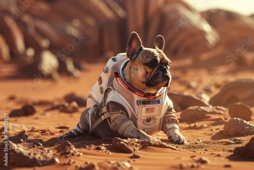 French bulldog on Mars in spacesuit photo