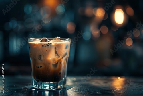a table with an iced coffee glass