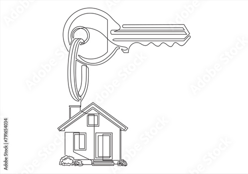 One continuous drawn single art line doodle sketch  symbol key house. The concept of real estate sales