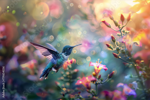 A hummingbird hovers near a flower in a garden with a painterly and surreal style, evoking a sense of wonder and fascination photo
