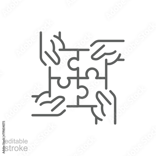 Hands connecting puzzle icon. Simple outline style. 4 hands connecting four puzzle pieces into a full square, community concept. Thin line symbol. Vector illustration isolated. Editable stroke.