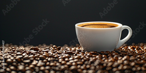 Cup of hot black coffee and roasted coffee beans close up, Instant coffee cup in international coffee day
