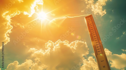 A thermometer against a bright yellow sky with the sun shining illustrates rising temperatures, emphasizing the global warming concept photo