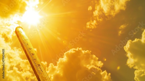 A thermometer against a bright yellow sky with the sun shining illustrates rising temperatures, emphasizing the global warming concept photo