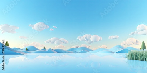 3d render  cartoon illustration of sky blue hills with water in the background  simple minimalistic style  low detail copy space for photo text or product